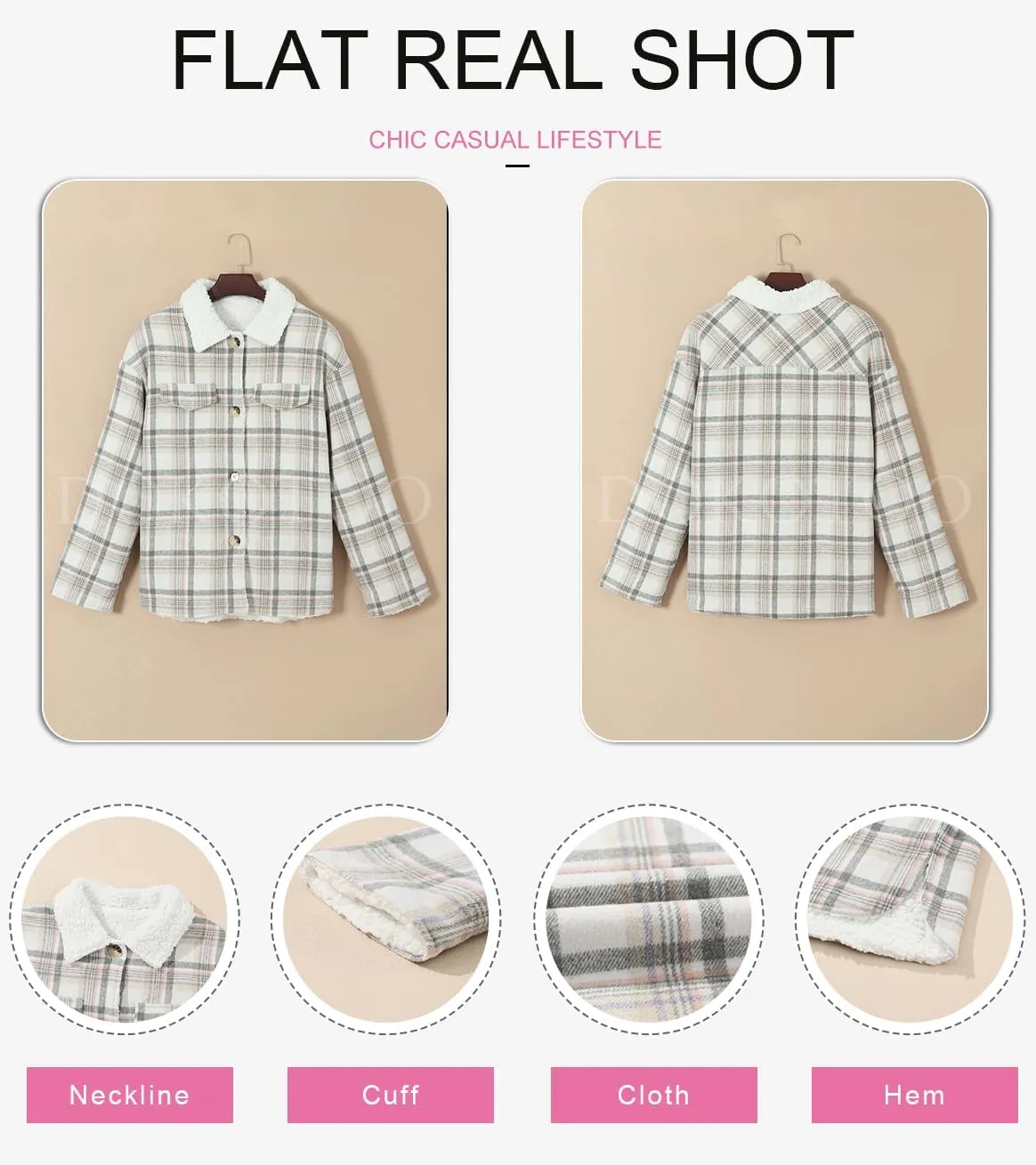 Dokotoo Winter Coats for Women Button Down Plaid Flannel Shirts Warm Sherpa Fleece Jacket