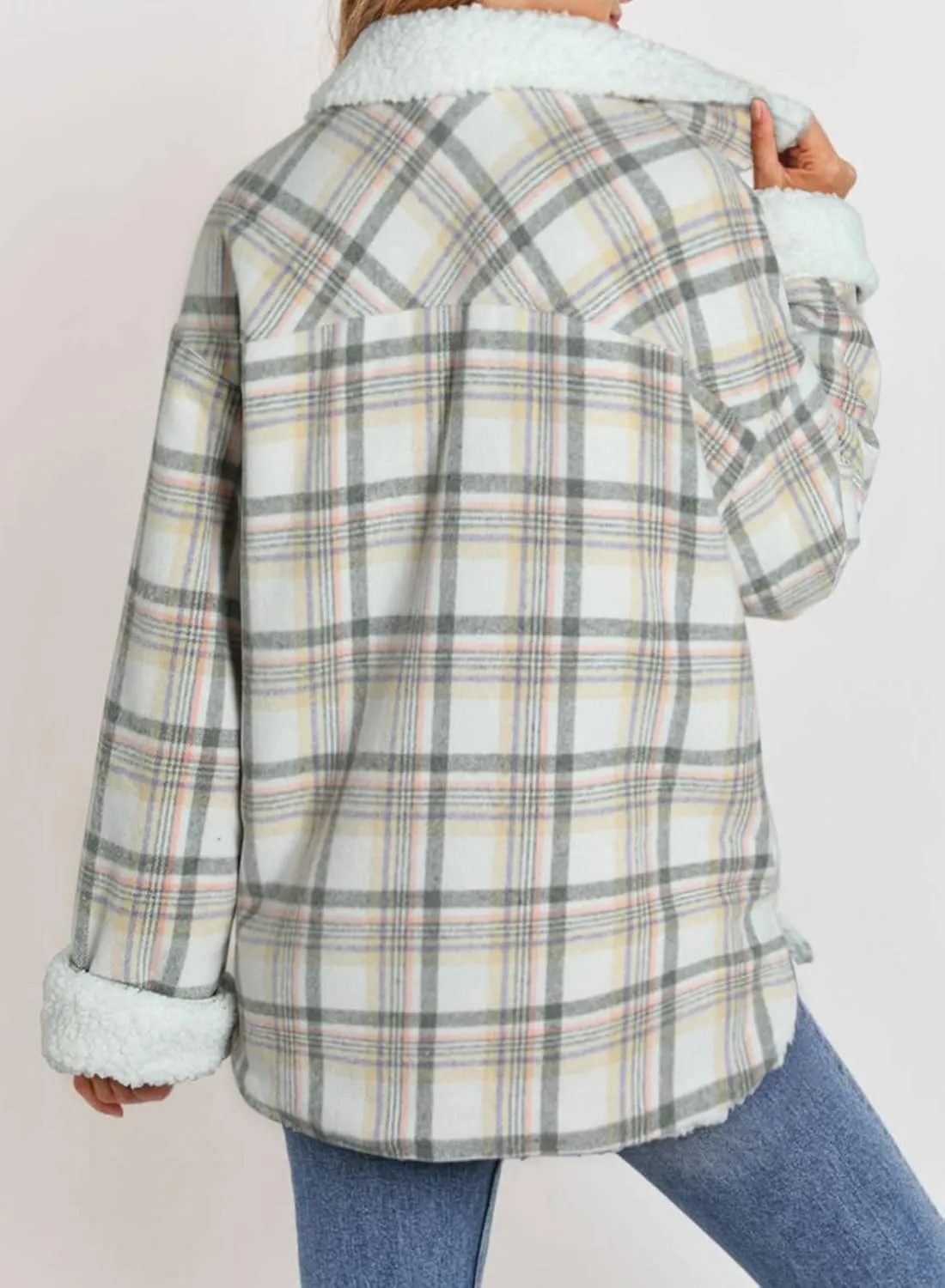 Dokotoo Winter Coats for Women Button Down Plaid Flannel Shirts Warm Sherpa Fleece Jacket