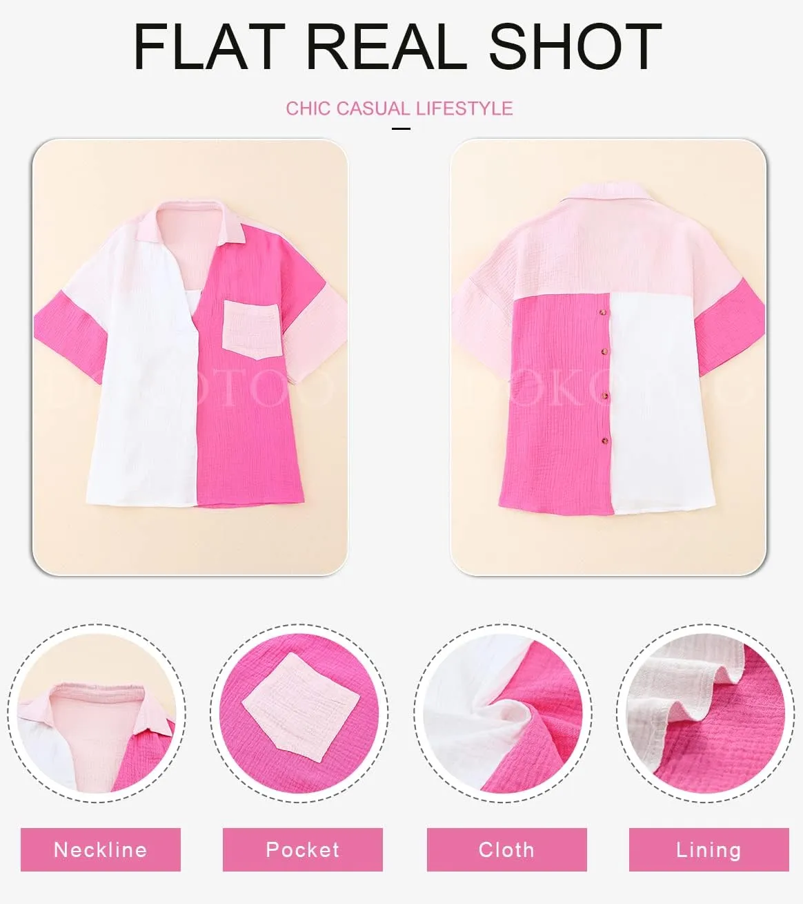 Dokotoo Womens Casual V Neck Short Sleeve Shirts Color Block Back Button Down Blouses Tops