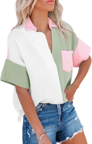 Dokotoo Womens Casual V Neck Short Sleeve Shirts Color Block Back Button Down Blouses Tops