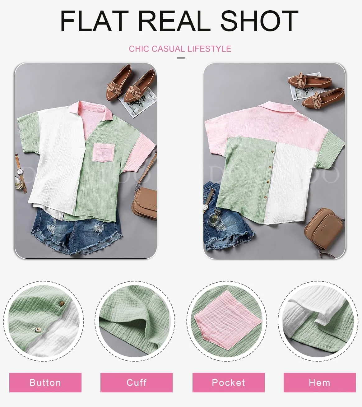 Dokotoo Womens Casual V Neck Short Sleeve Shirts Color Block Back Button Down Blouses Tops