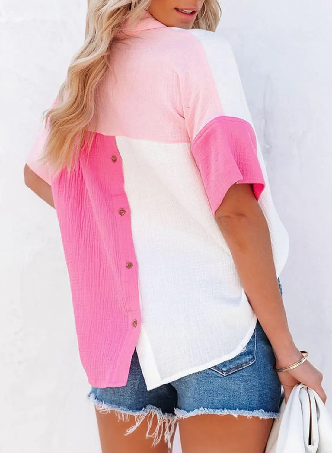 Dokotoo Womens Casual V Neck Short Sleeve Shirts Color Block Back Button Down Blouses Tops