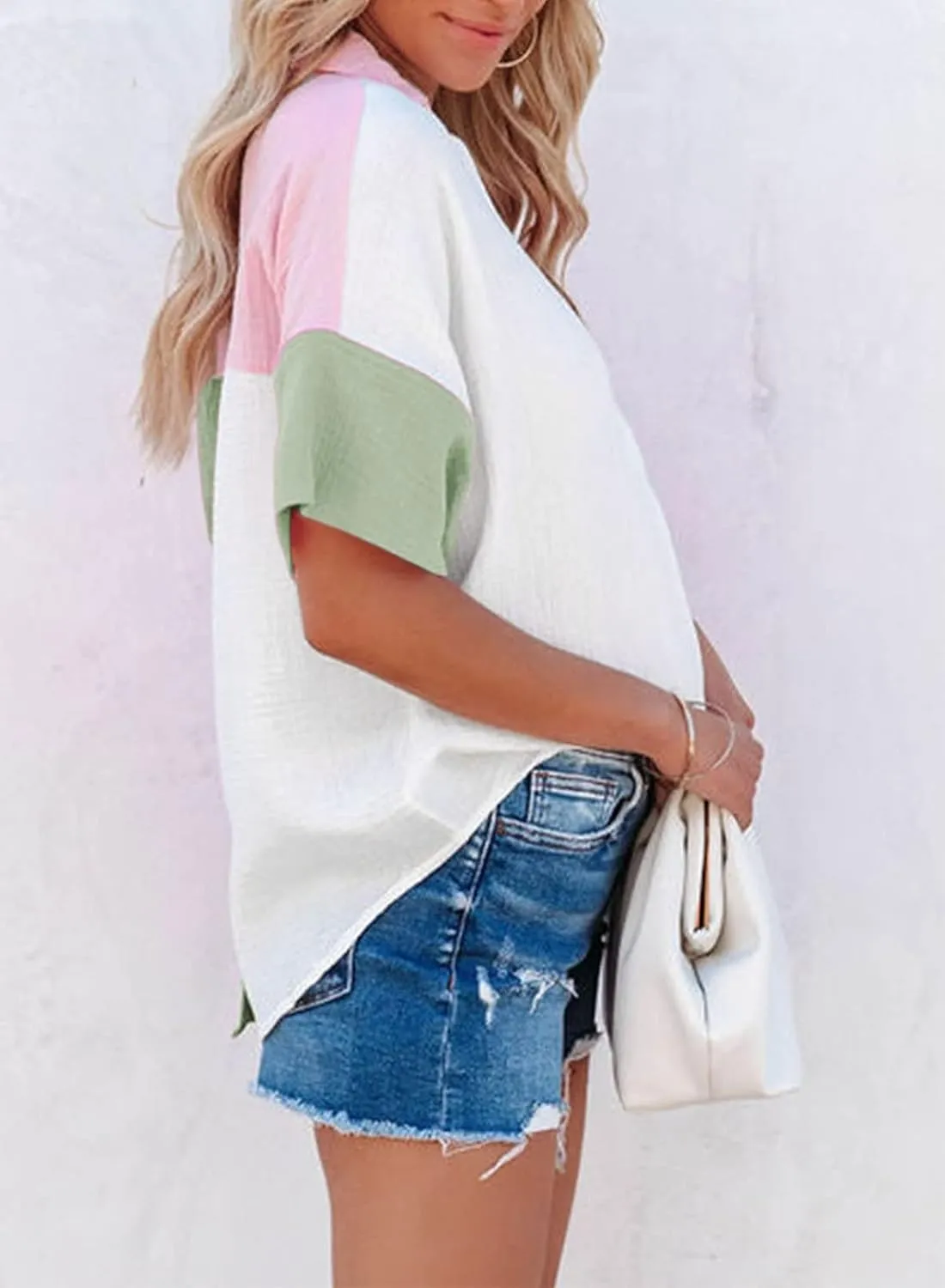 Dokotoo Womens Casual V Neck Short Sleeve Shirts Color Block Back Button Down Blouses Tops