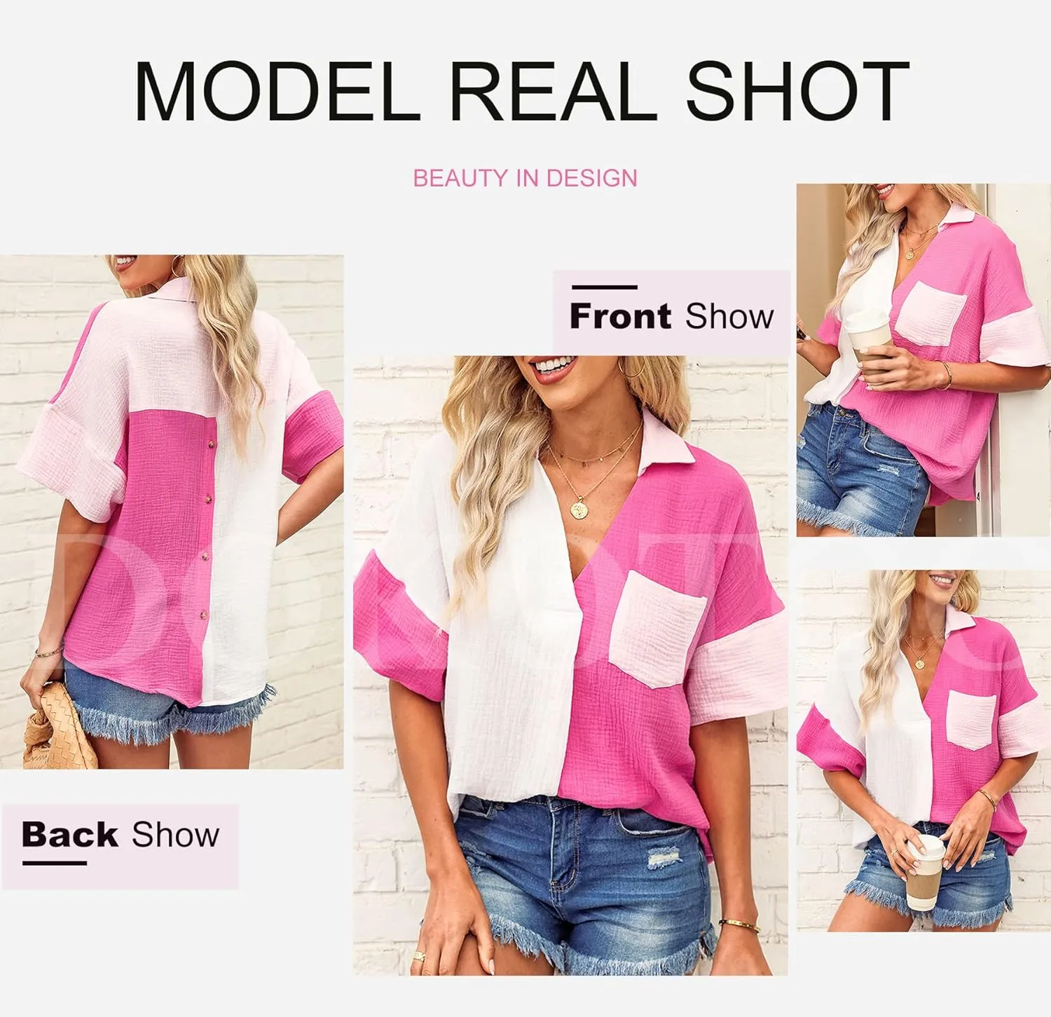 Dokotoo Womens Casual V Neck Short Sleeve Shirts Color Block Back Button Down Blouses Tops