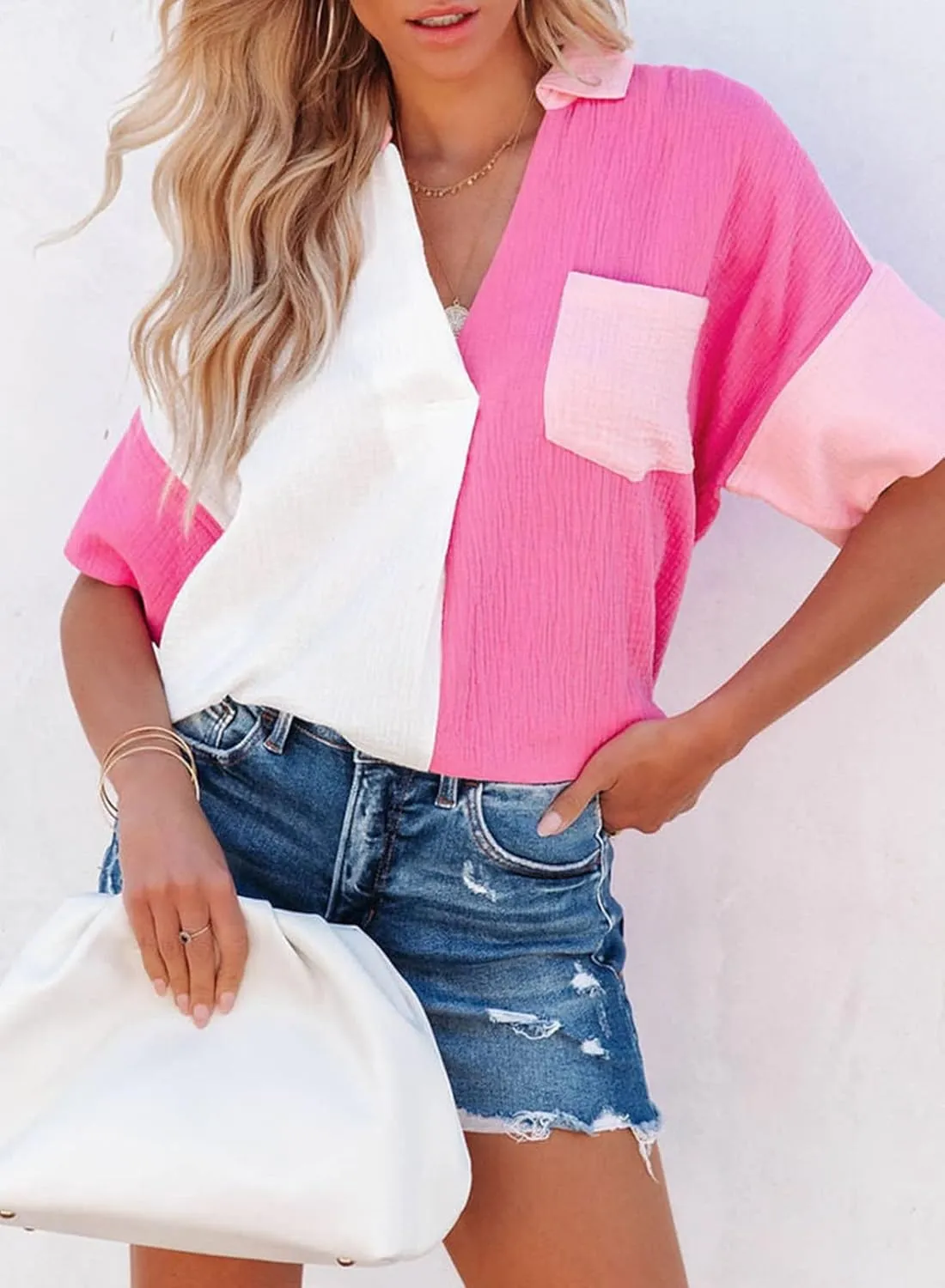 Dokotoo Womens Casual V Neck Short Sleeve Shirts Color Block Back Button Down Blouses Tops