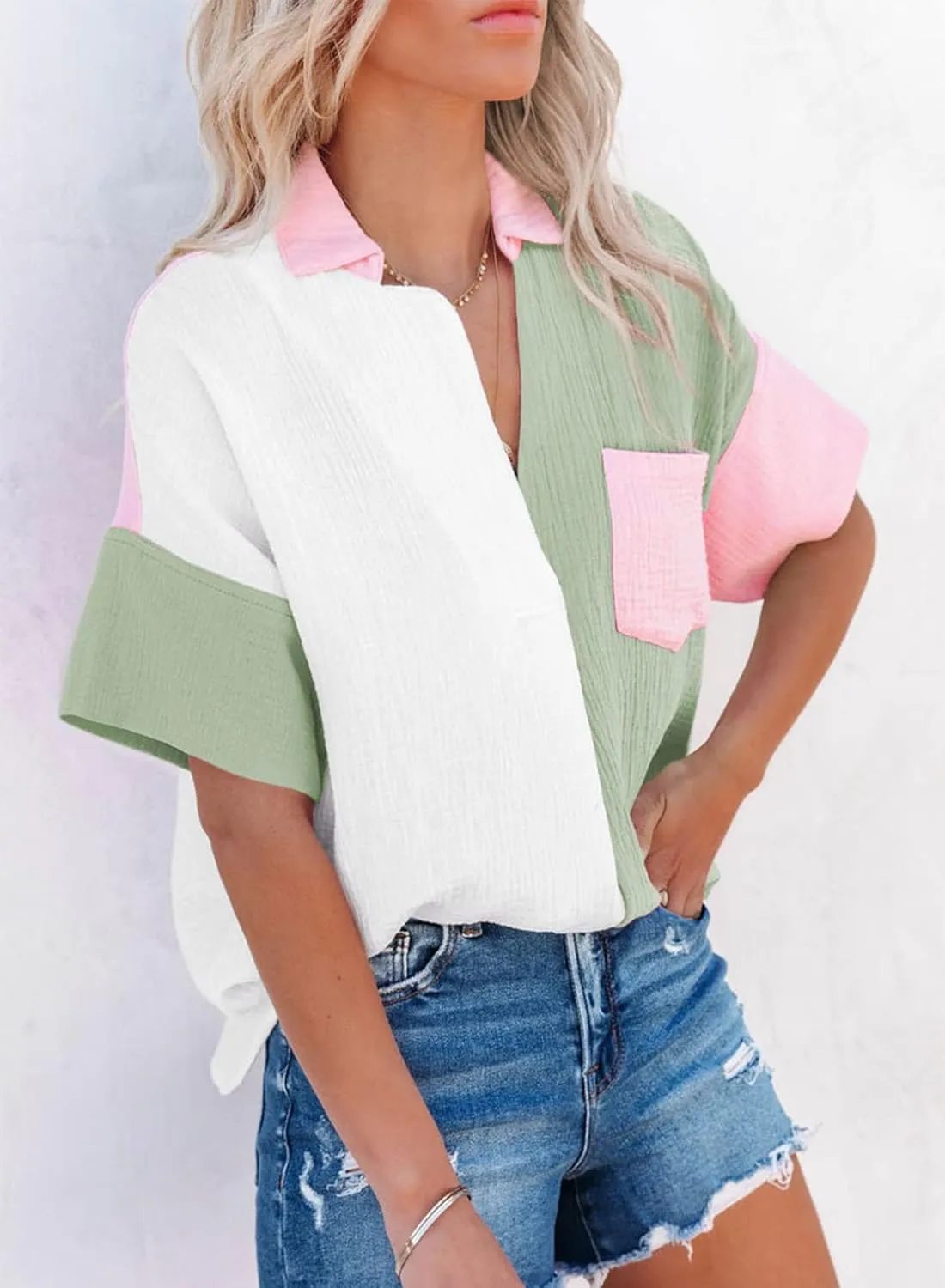 Dokotoo Womens Casual V Neck Short Sleeve Shirts Color Block Back Button Down Blouses Tops