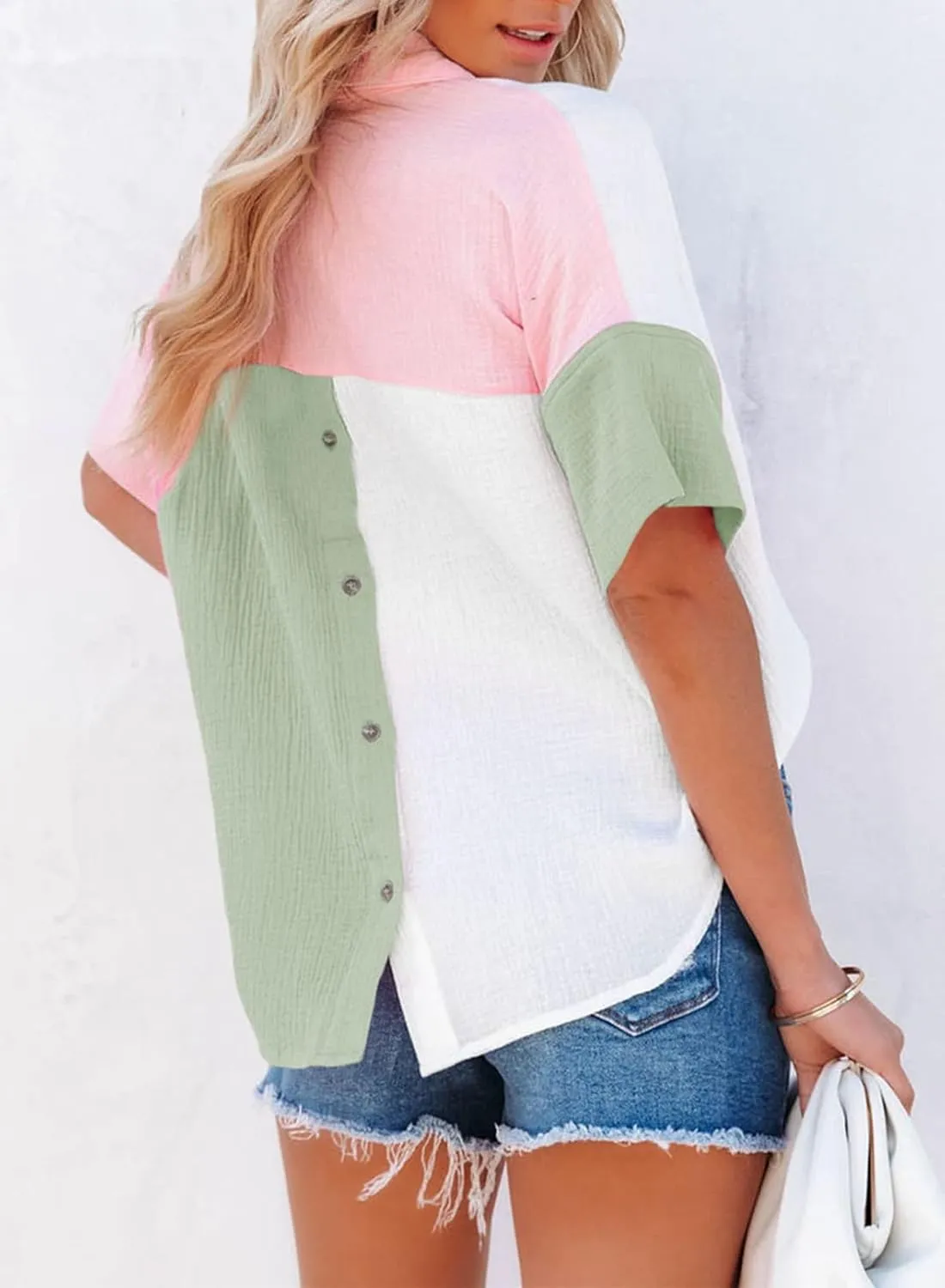 Dokotoo Womens Casual V Neck Short Sleeve Shirts Color Block Back Button Down Blouses Tops