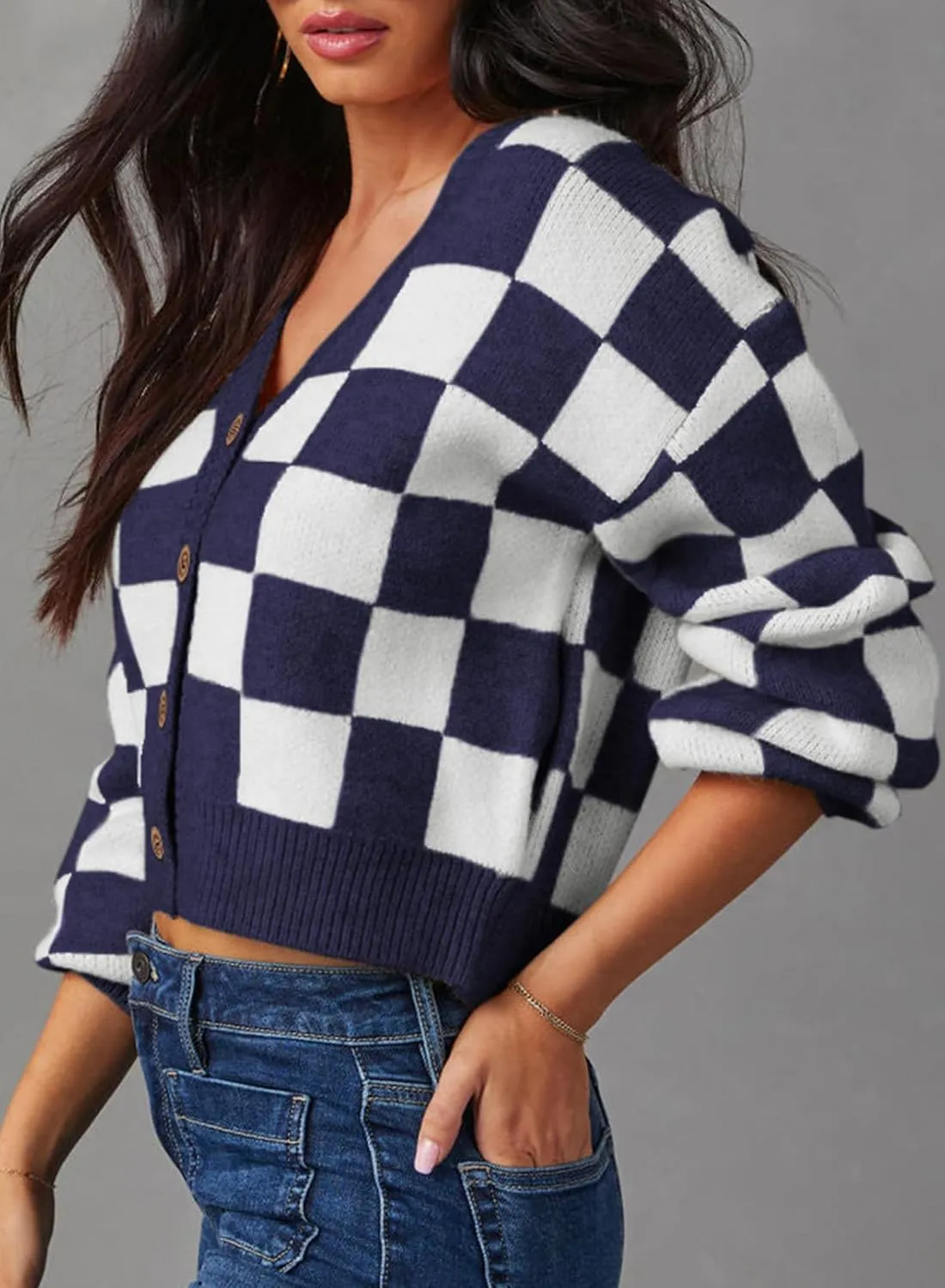Dokotoo Womens Checkered V Neck Button Down Long Sleeve Cable Knit Cropped Cardigan Sweaters Tops
