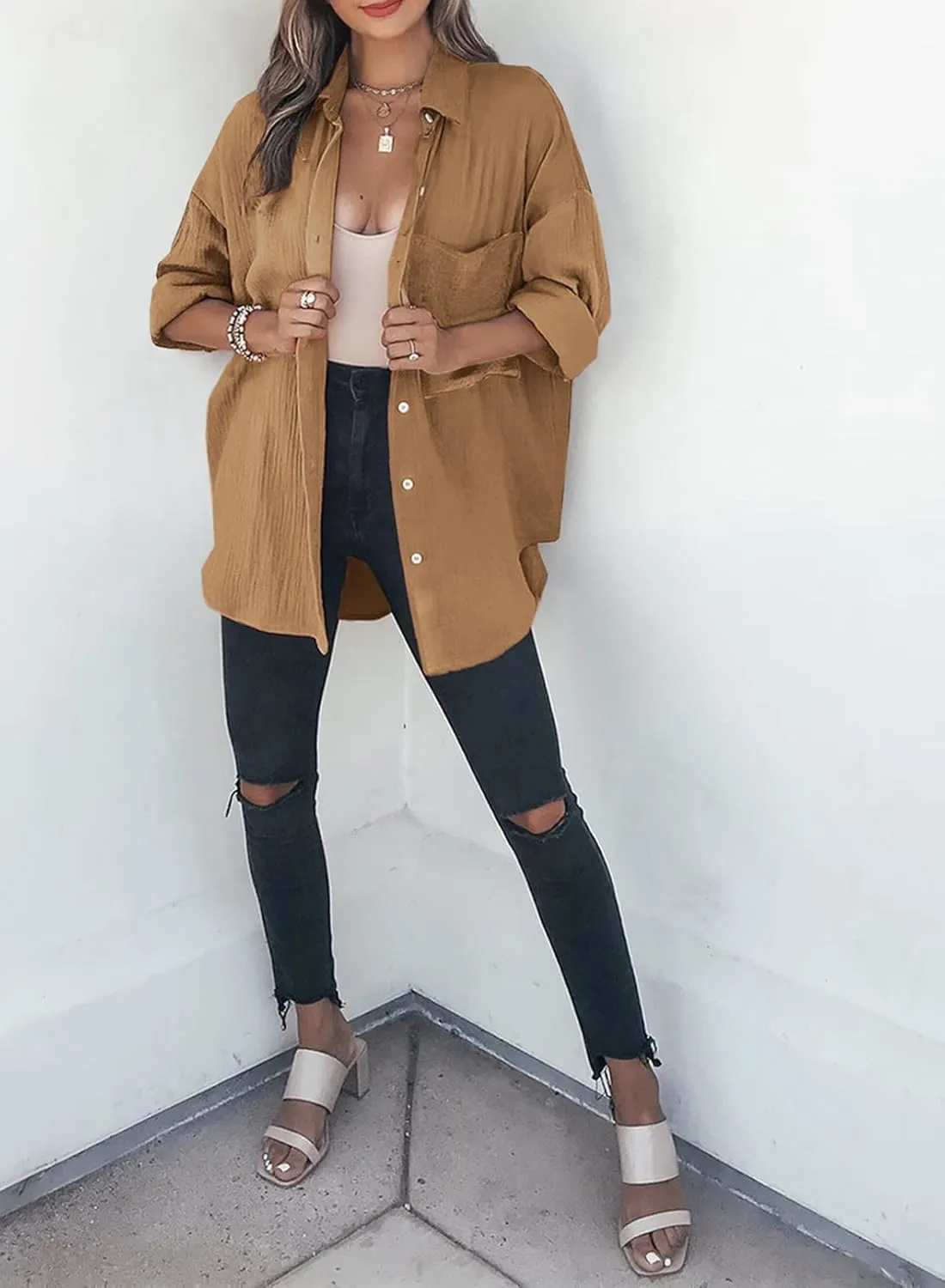 Dokotoo Womens Color Block Button Down Shirts Long Sleeve Oversized Boyfriend Blouses Tops