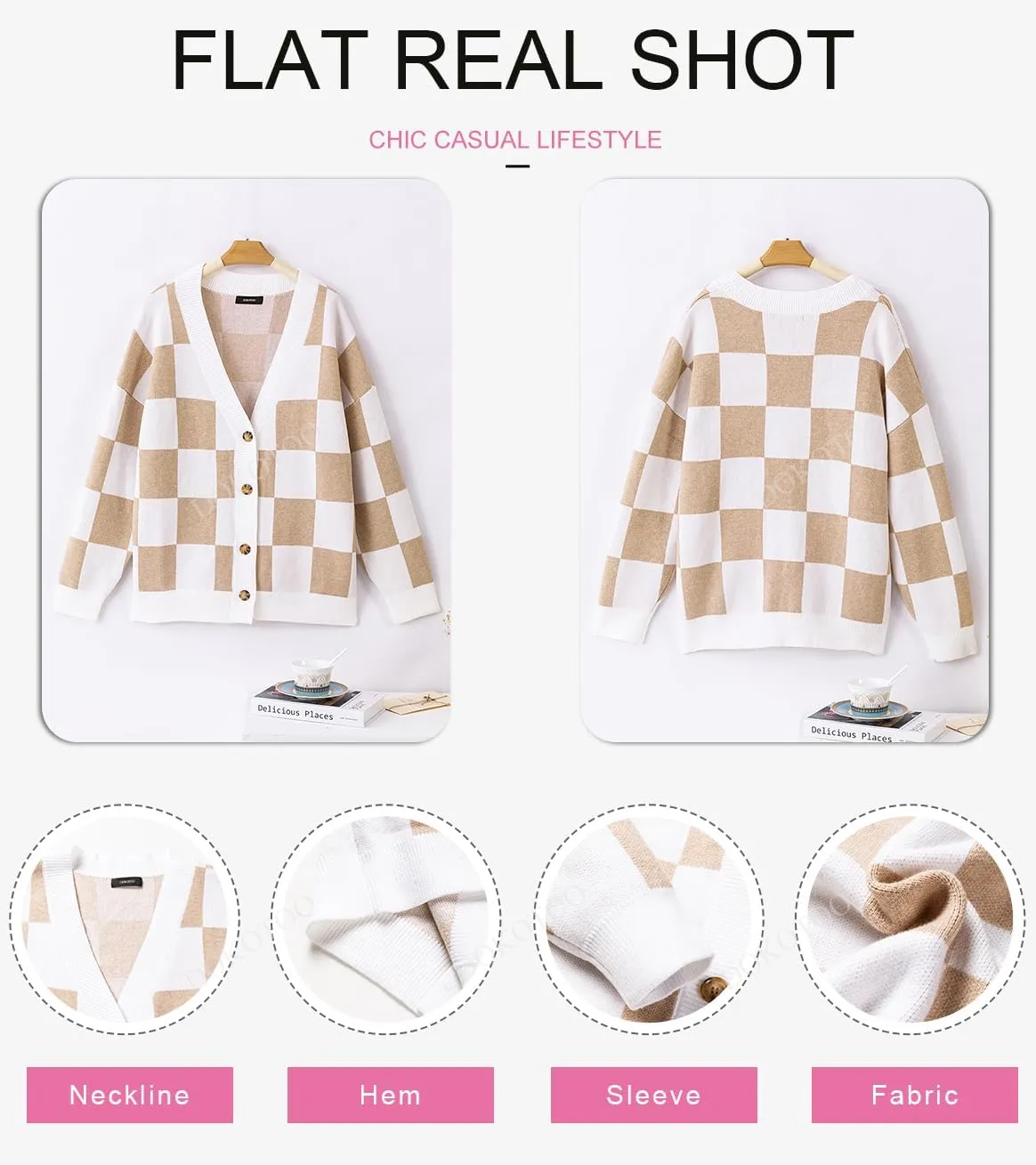 Dokotoo Womens Plaid V Neck Button Down Long Sleeve Cable Knit Oversized Cardigan Sweaters Tops
