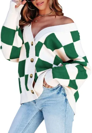 Dokotoo Womens Plaid V Neck Button Down Long Sleeve Cable Knit Oversized Cardigan Sweaters Tops