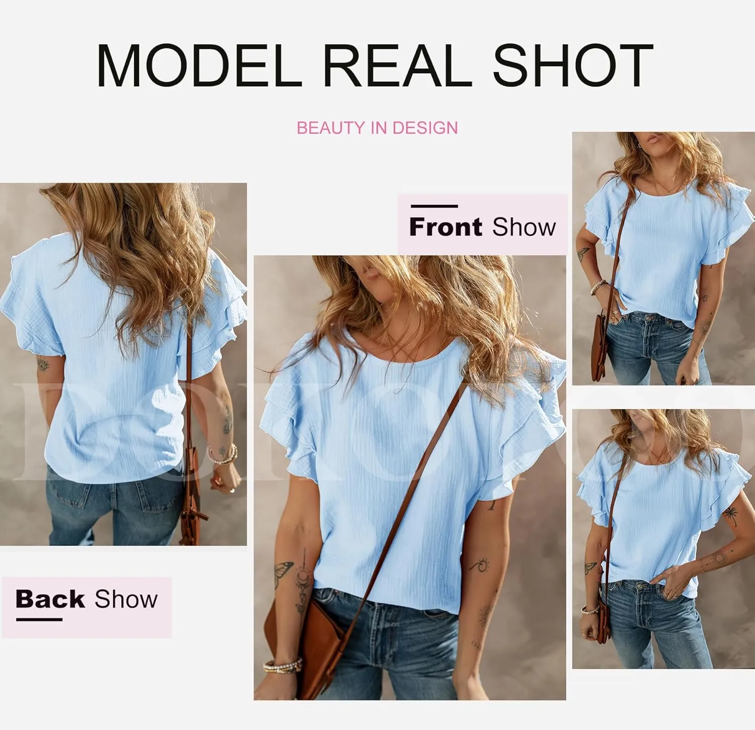 Dokotoo Womens Tops Ruffle Short Sleeve Crewneck Shirts Solid Casual Loose Babydoll Blouses