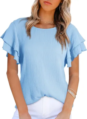 Dokotoo Womens Tops Ruffle Short Sleeve Crewneck Shirts Solid Casual Loose Babydoll Blouses