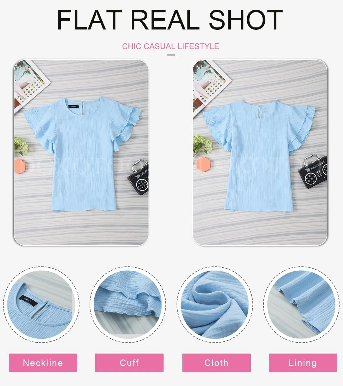 Dokotoo Womens Tops Ruffle Short Sleeve Crewneck Shirts Solid Casual Loose Babydoll Blouses