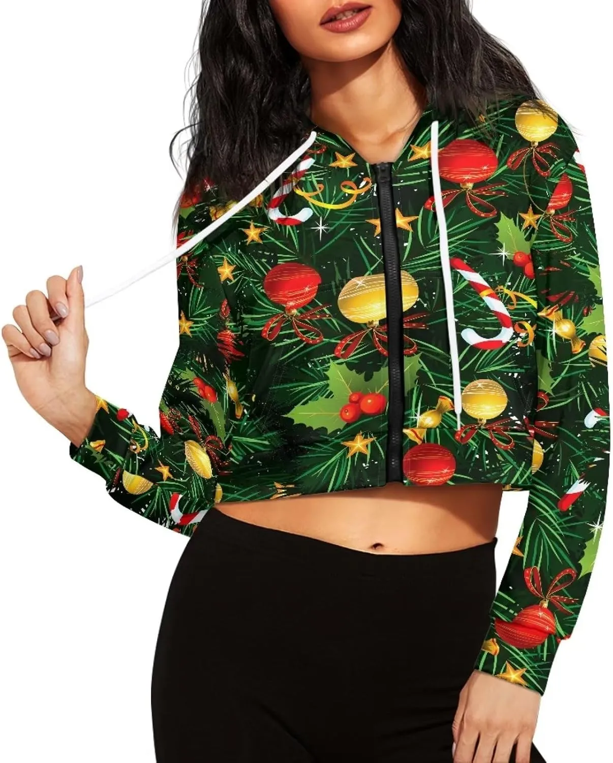 Dolyues Women's Cropped Hoodies Full-Zip Sweatshirt Crop Top Long Sleeves Hooded Jacket Coat Outwear with Pockets