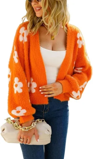 ebossy Women's Cute Cropped Daisy Knit Cardigan Fuzzy Furry Open Front Lantern Sleeve Sweater Coat