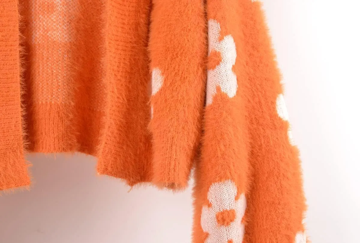 ebossy Women's Cute Cropped Daisy Knit Cardigan Fuzzy Furry Open Front Lantern Sleeve Sweater Coat