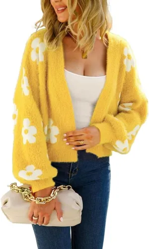 ebossy Women's Cute Cropped Daisy Knit Cardigan Fuzzy Furry Open Front Lantern Sleeve Sweater Coat