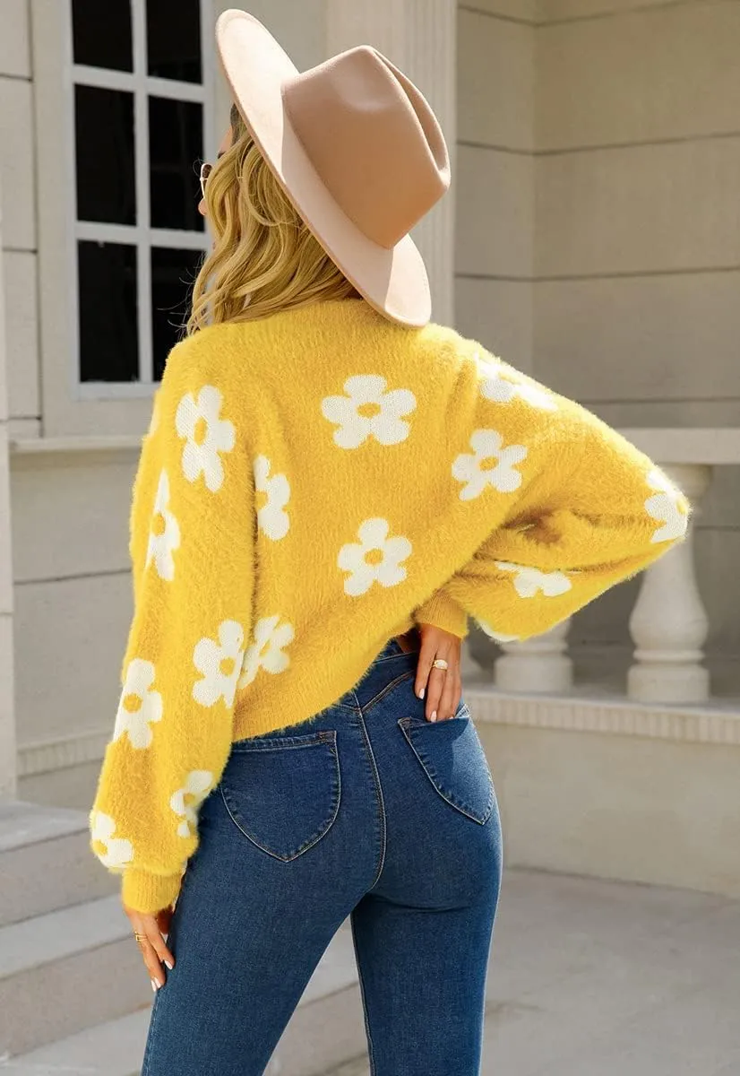 ebossy Women's Cute Cropped Daisy Knit Cardigan Fuzzy Furry Open Front Lantern Sleeve Sweater Coat