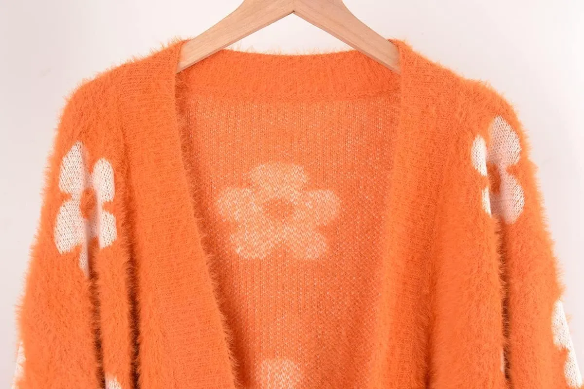 ebossy Women's Cute Cropped Daisy Knit Cardigan Fuzzy Furry Open Front Lantern Sleeve Sweater Coat