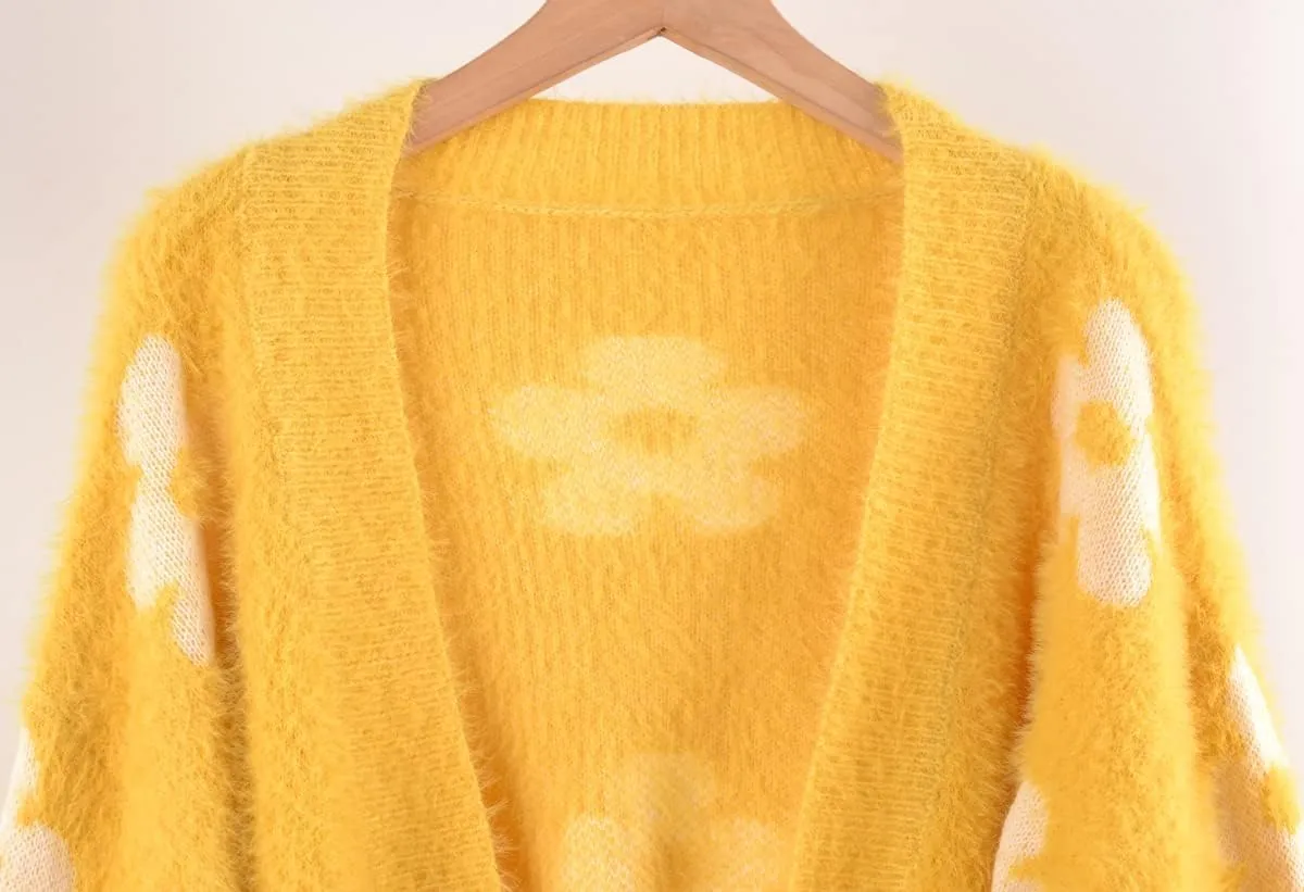 ebossy Women's Cute Cropped Daisy Knit Cardigan Fuzzy Furry Open Front Lantern Sleeve Sweater Coat