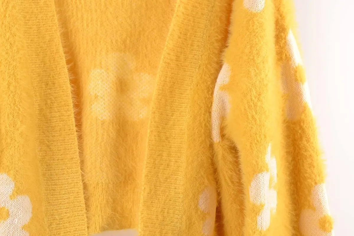 ebossy Women's Cute Cropped Daisy Knit Cardigan Fuzzy Furry Open Front Lantern Sleeve Sweater Coat