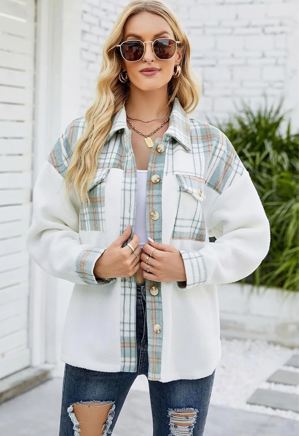 ebossy Women's Soft Fuzzy Fleece Plaid Shirt Jacket Button Down Spliced Wool Blend Oversized Sherpa Coat Shacket