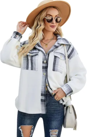 ebossy Women's Soft Fuzzy Fleece Plaid Shirt Jacket Button Down Spliced Wool Blend Oversized Sherpa Coat Shacket