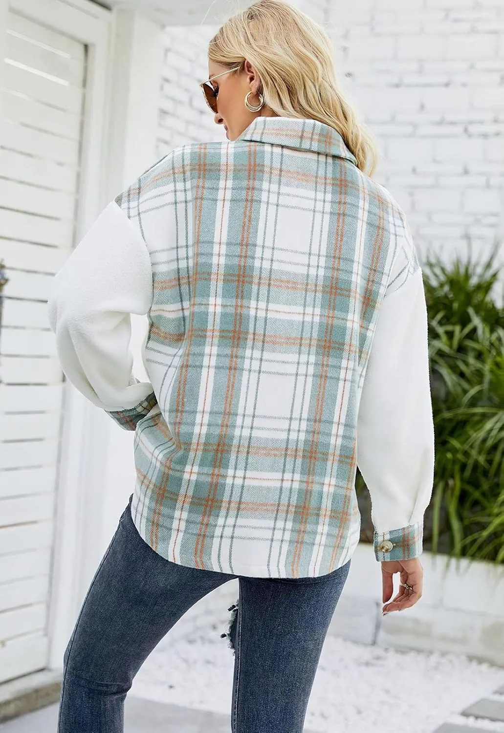 ebossy Women's Soft Fuzzy Fleece Plaid Shirt Jacket Button Down Spliced Wool Blend Oversized Sherpa Coat Shacket