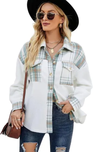 ebossy Women's Soft Fuzzy Fleece Plaid Shirt Jacket Button Down Spliced Wool Blend Oversized Sherpa Coat Shacket
