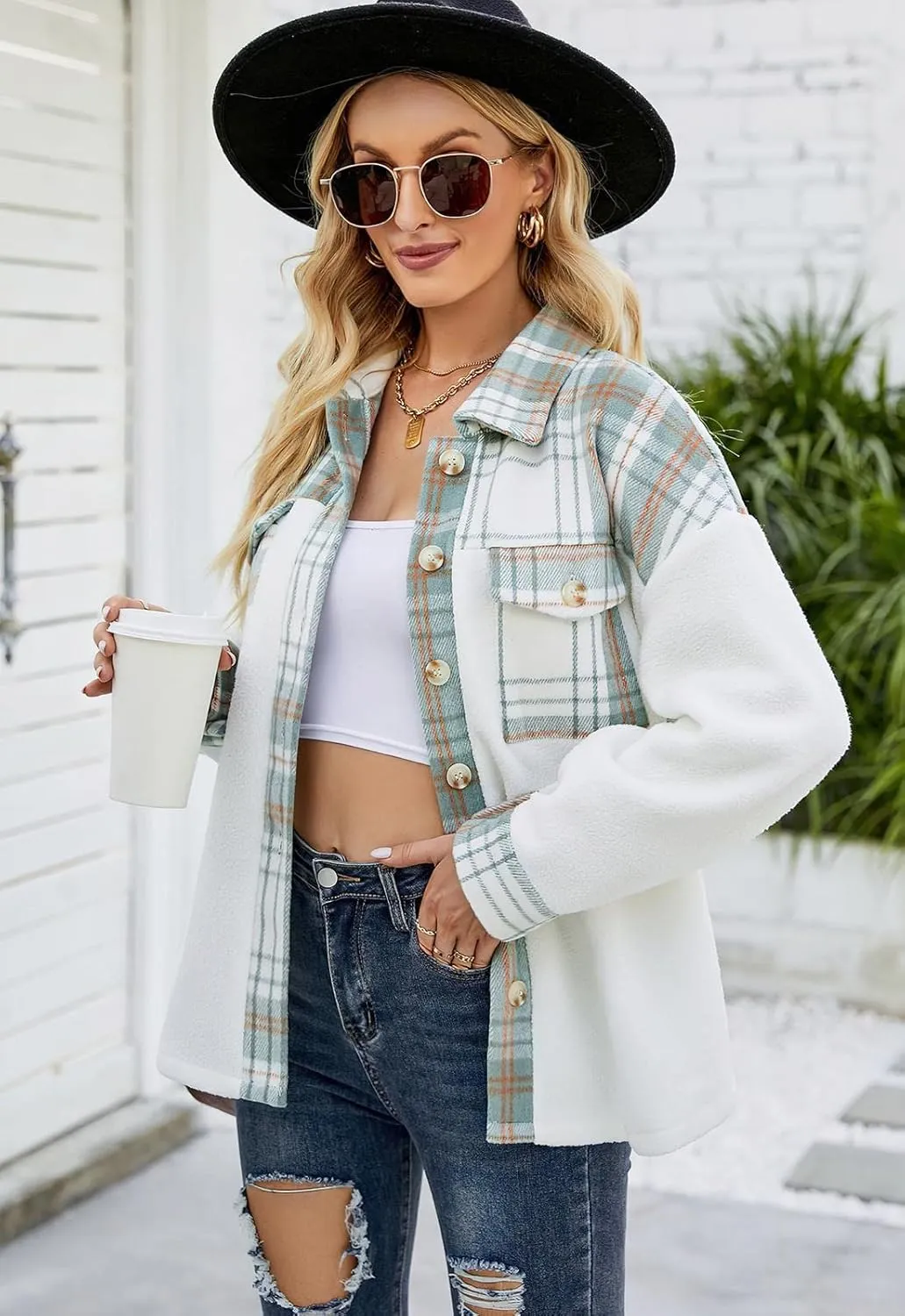ebossy Women's Soft Fuzzy Fleece Plaid Shirt Jacket Button Down Spliced Wool Blend Oversized Sherpa Coat Shacket