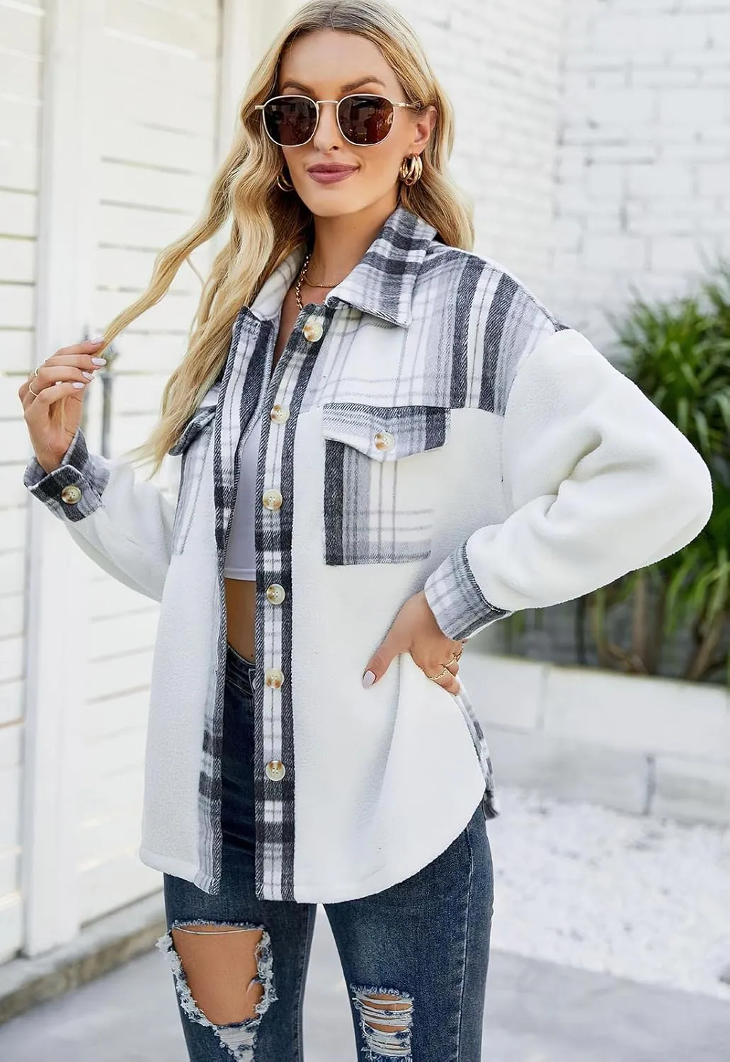ebossy Women's Soft Fuzzy Fleece Plaid Shirt Jacket Button Down Spliced Wool Blend Oversized Sherpa Coat Shacket