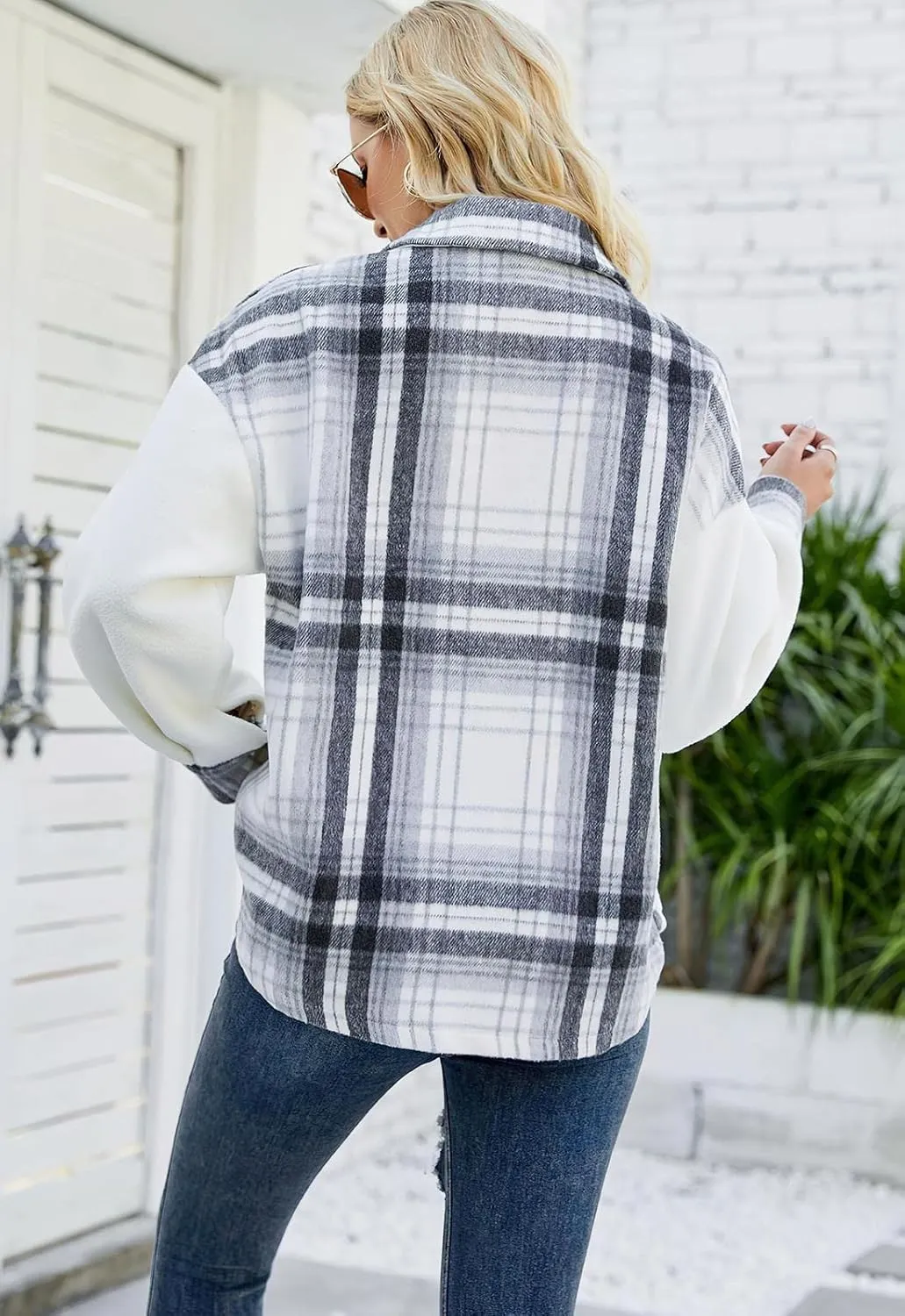 ebossy Women's Soft Fuzzy Fleece Plaid Shirt Jacket Button Down Spliced Wool Blend Oversized Sherpa Coat Shacket