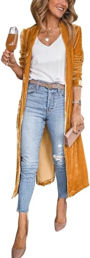 ebossy Women's Vintage Velvet Open Front Cardigan Blazer Suits Silky Loose Fit Long Jacket Coat