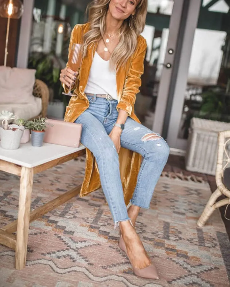 ebossy Women's Vintage Velvet Open Front Cardigan Blazer Suits Silky Loose Fit Long Jacket Coat