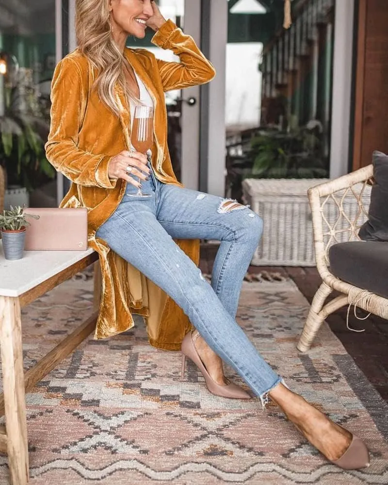 ebossy Women's Vintage Velvet Open Front Cardigan Blazer Suits Silky Loose Fit Long Jacket Coat