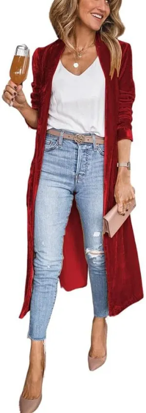 ebossy Women's Vintage Velvet Open Front Cardigan Blazer Suits Silky Loose Fit Long Jacket Coat