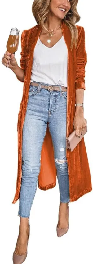 ebossy Women's Vintage Velvet Open Front Cardigan Blazer Suits Silky Loose Fit Long Jacket Coat