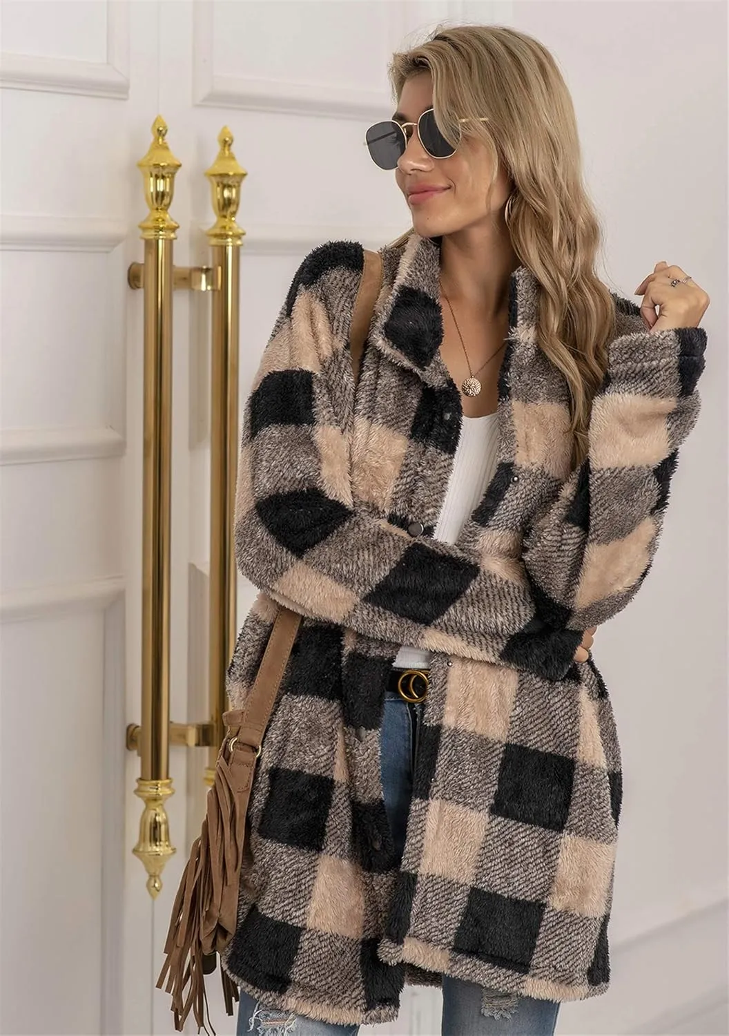 EFOFEI Womens Winter Fleece Plaid Jackets Faux Long Sleeve Coat Fluffy Sherpa Outwear with Pockets