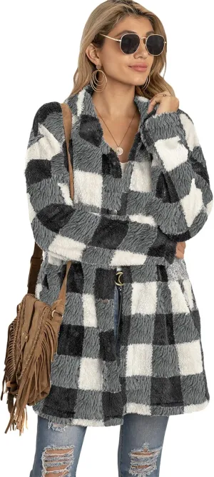 EFOFEI Womens Winter Fleece Plaid Jackets Faux Long Sleeve Coat Fluffy Sherpa Outwear with Pockets