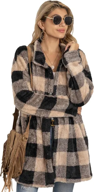 EFOFEI Womens Winter Fleece Plaid Jackets Faux Long Sleeve Coat Fluffy Sherpa Outwear with Pockets