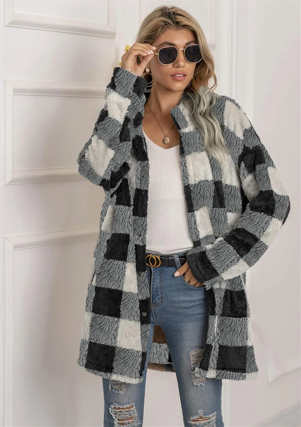 EFOFEI Womens Winter Fleece Plaid Jackets Faux Long Sleeve Coat Fluffy Sherpa Outwear with Pockets