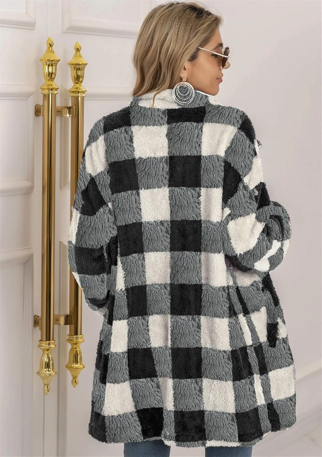 EFOFEI Womens Winter Fleece Plaid Jackets Faux Long Sleeve Coat Fluffy Sherpa Outwear with Pockets