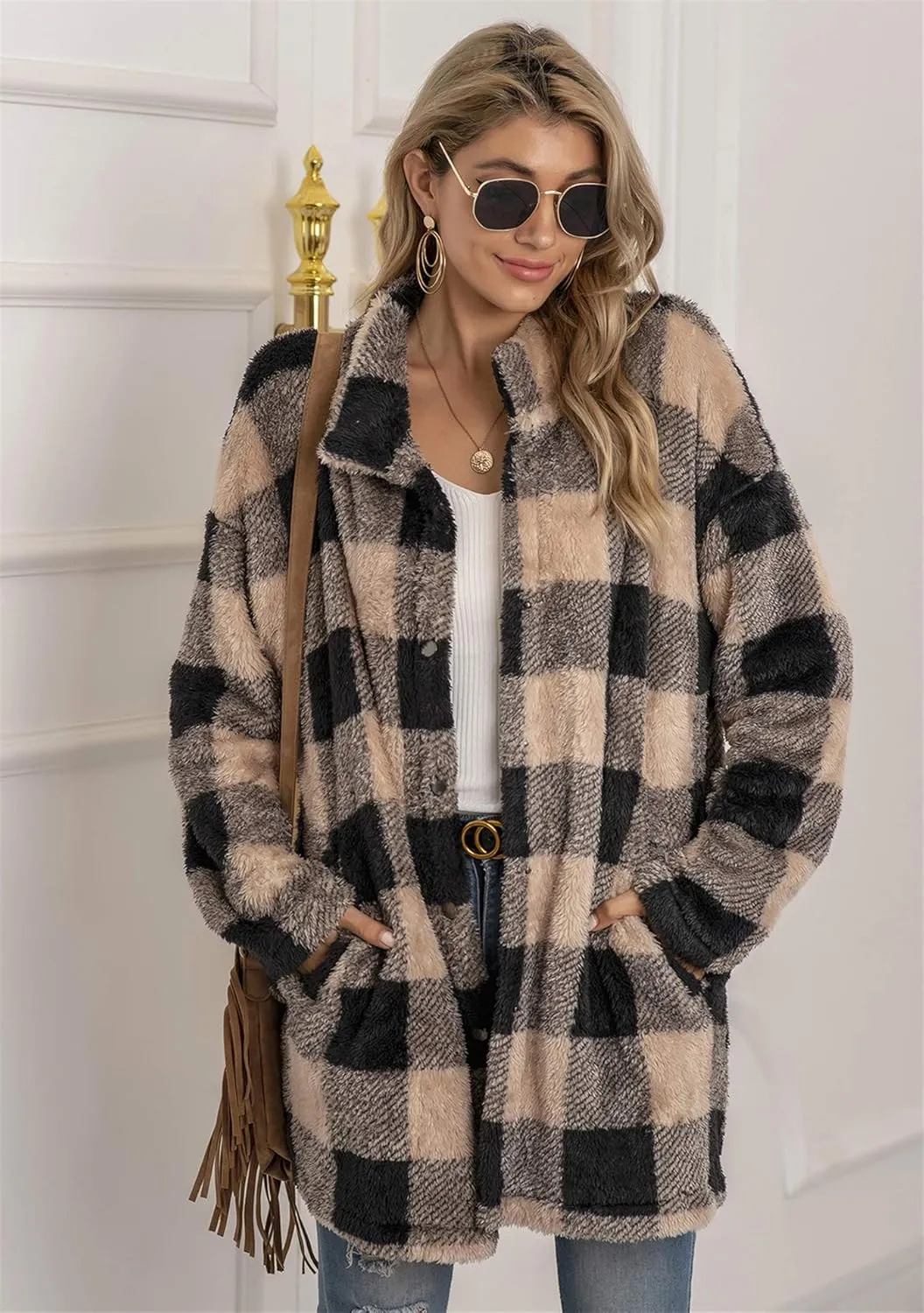 EFOFEI Womens Winter Fleece Plaid Jackets Faux Long Sleeve Coat Fluffy Sherpa Outwear with Pockets