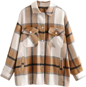 EFOFEI Womens Wool Blend Plaid Jacket Winter Casual Long Sleeve Coat Oversized Boyfriend Checked Shirts