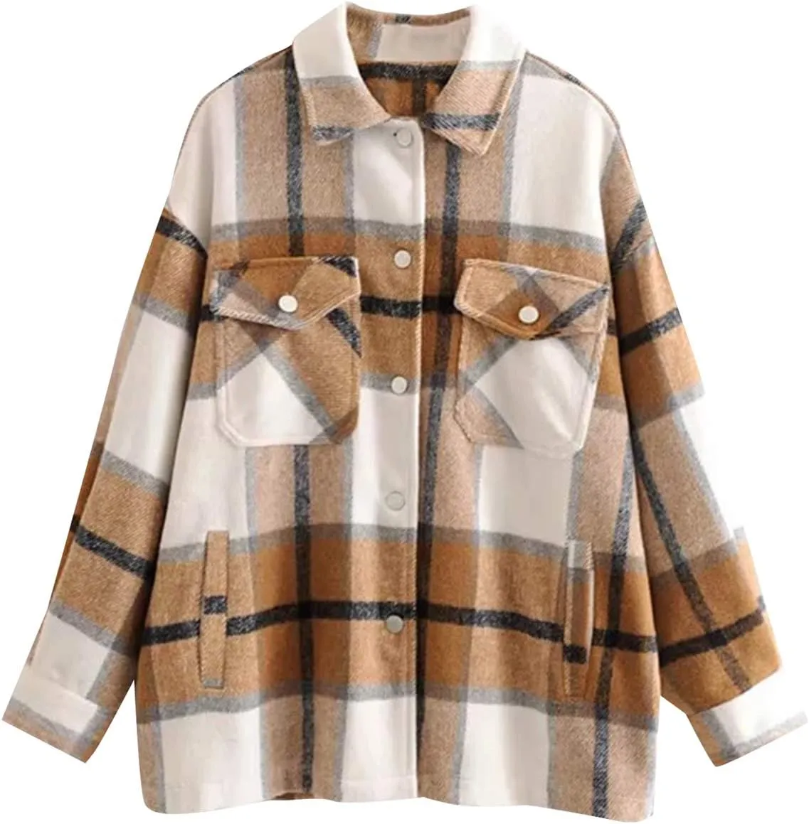 EFOFEI Womens Wool Blend Plaid Jacket Winter Casual Long Sleeve Coat Oversized Boyfriend Checked Shirts