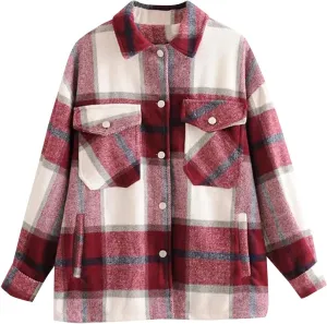 EFOFEI Womens Wool Blend Plaid Jacket Winter Casual Long Sleeve Coat Oversized Boyfriend Checked Shirts