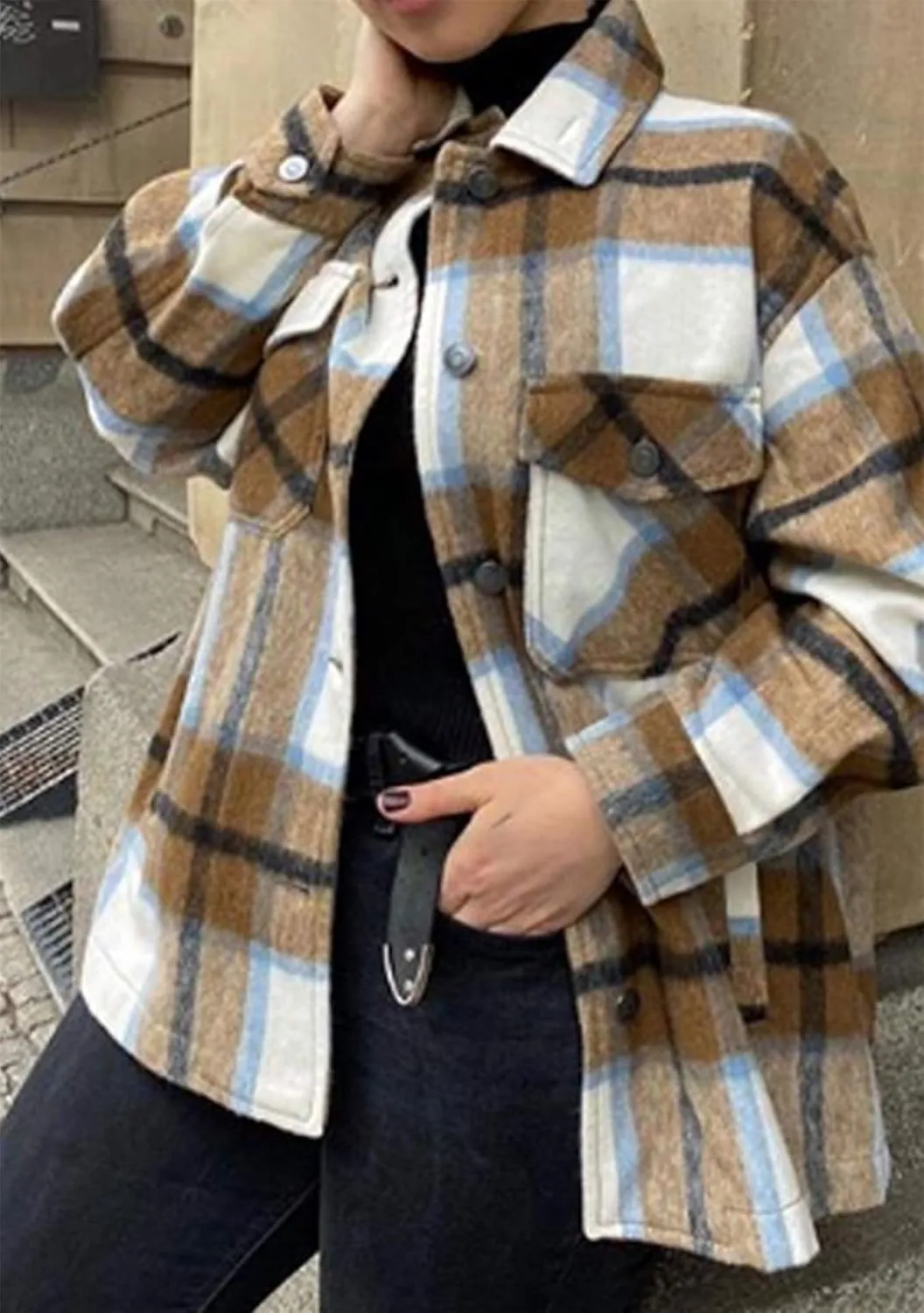 EFOFEI Womens Wool Blend Plaid Jacket Winter Casual Long Sleeve Coat Oversized Boyfriend Checked Shirts