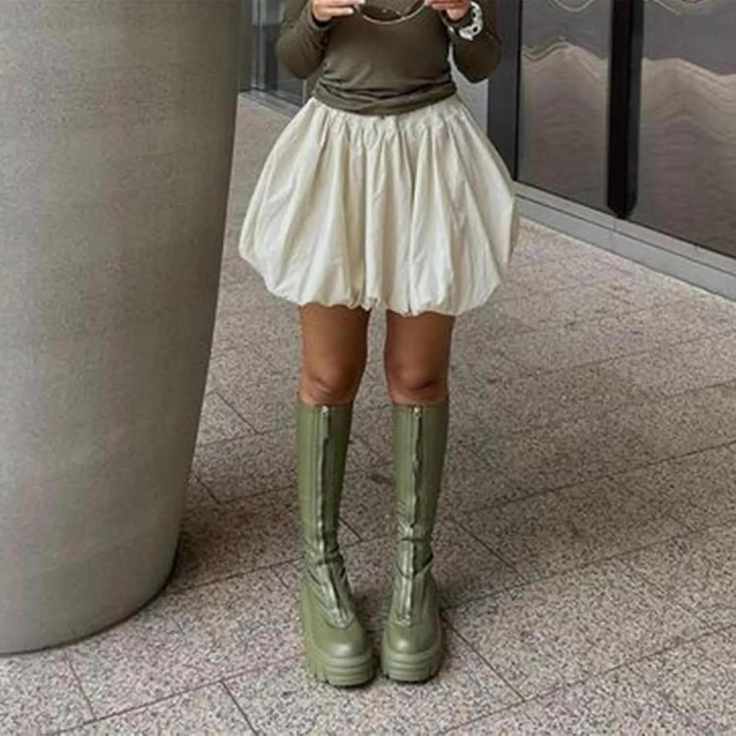 Engofs Women Y2k Bubble Ruffle Skirt Mini Hem Pleated Puffy Short Skirts Streetwear