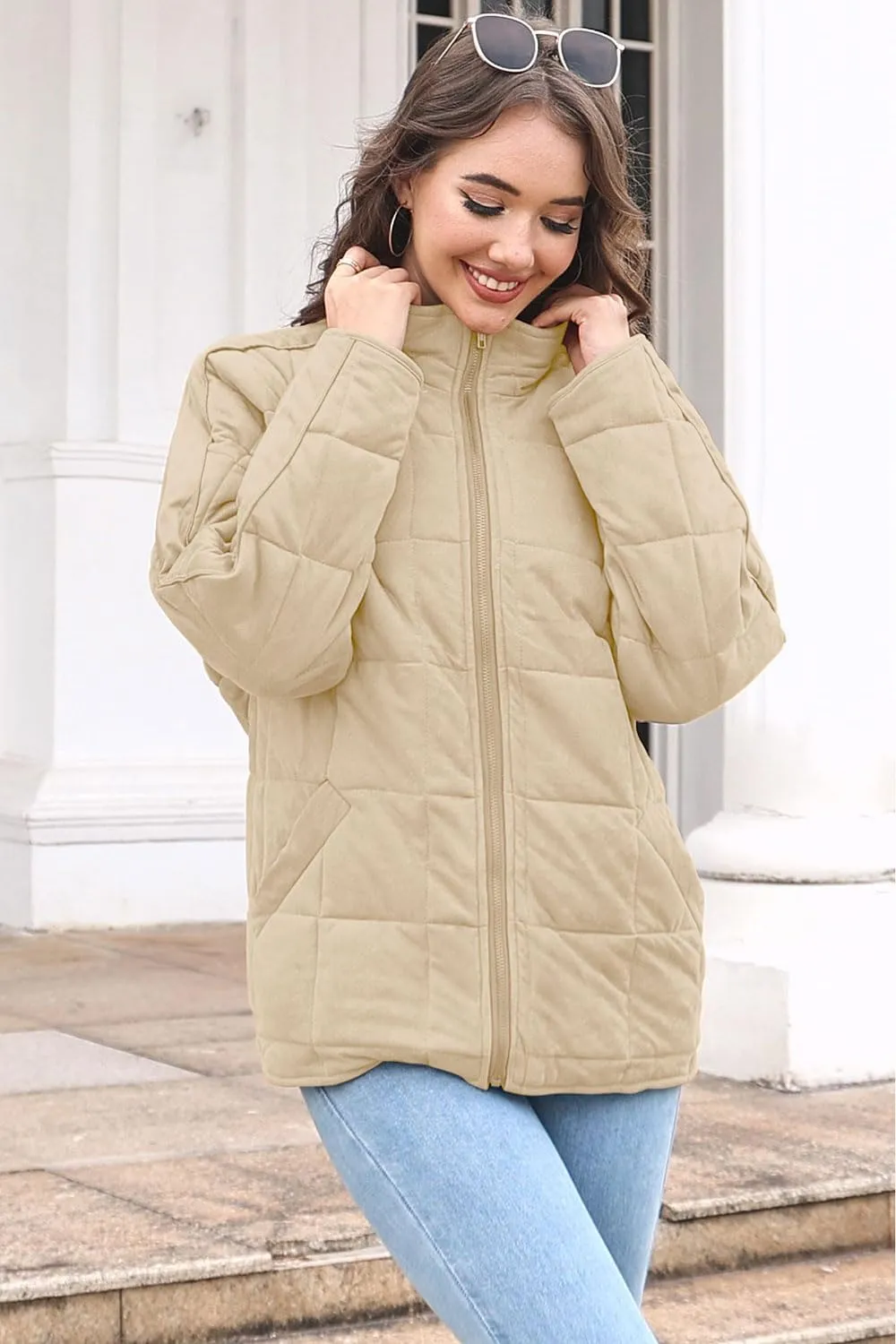ETCYY Women's Causal Lightweight Quilted Jackets Long Sleeve Oversized Warm Winter Zip Up Coat with Pockets